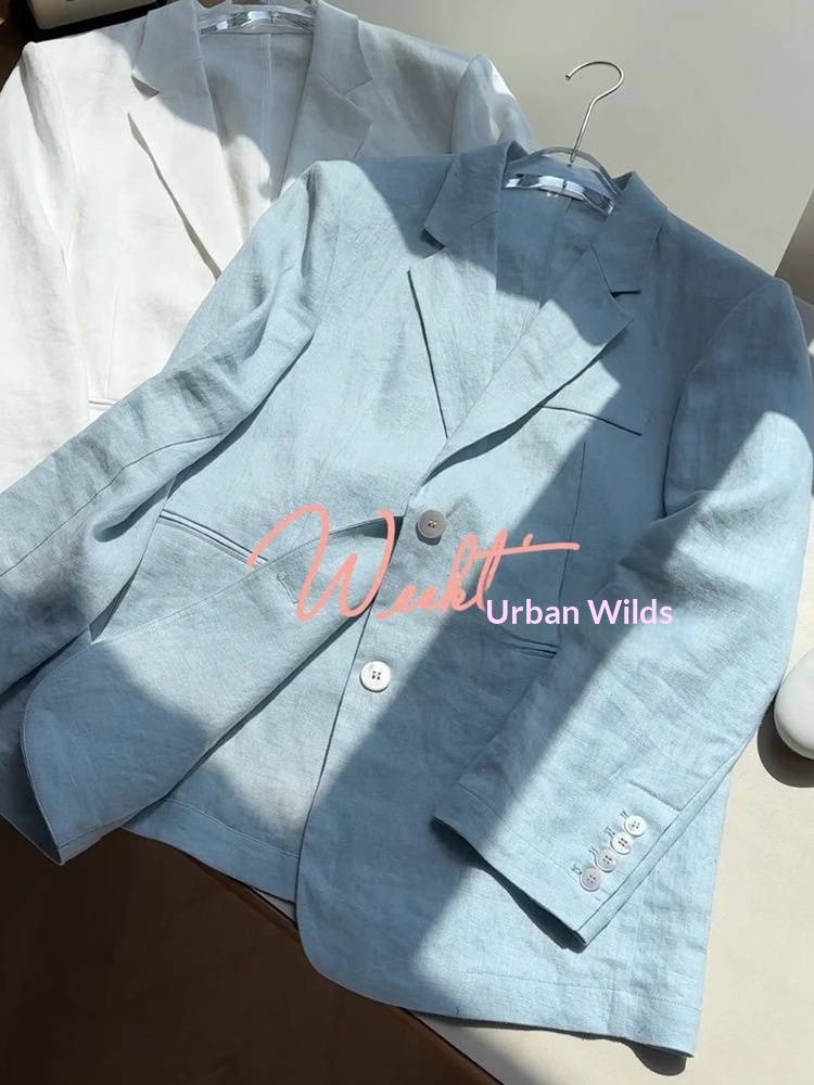 Women's Sky Blue Linen Blazer Lightweight Summer Suit Jacket_voghion.com