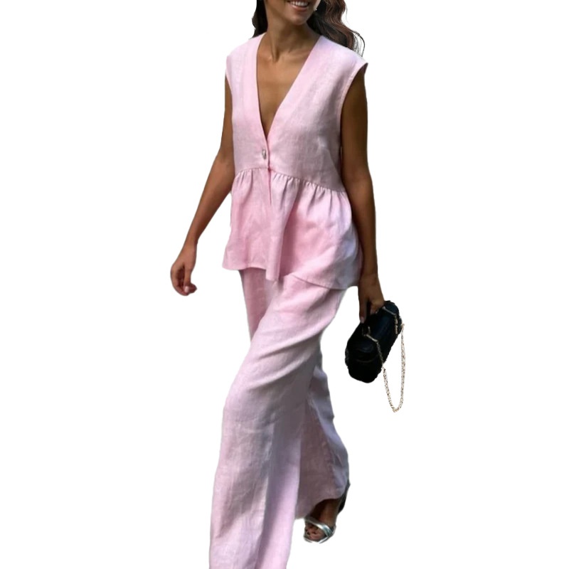 Conjunto elegante de top sin mangas con cuello en V y pantalón, ideal para viajes al trabajo, de color liso, nuevo modelo 2026._voghion.com