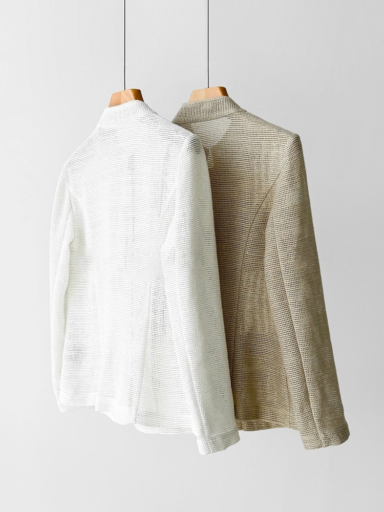 Women's Lightweight Linen Cotton Blazer With Stand Up Collar_voghion.com
