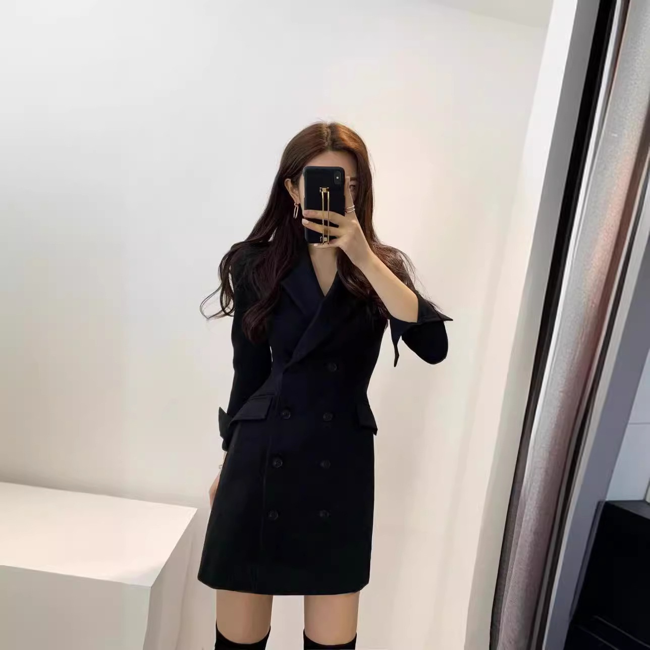Frühjahr/Herbst 2025: Neuer koreanischer, mittellanger, schmal geschnittener Blazer mit zweireihigem Langarmkleid für Damen_voghion.com