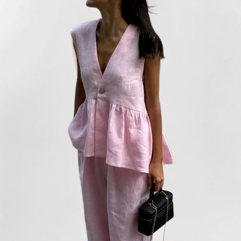Conjunto de mujer top y pantalones elegante cuello en v sin manga_voghion.com