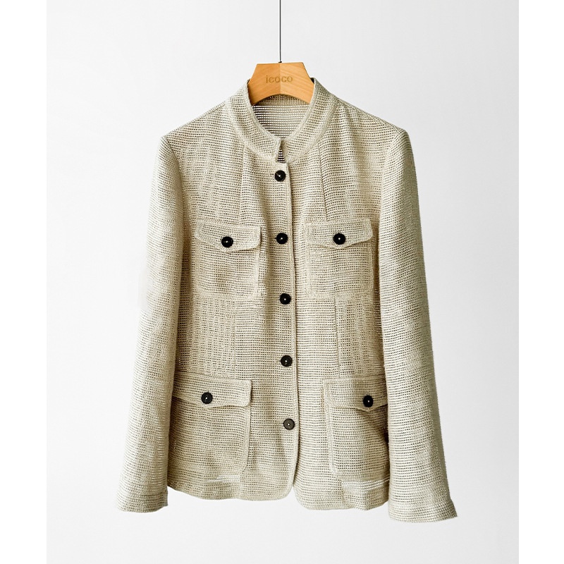 Women's Lightweight Linen Cotton Blazer With Stand Up Collar_voghion.com