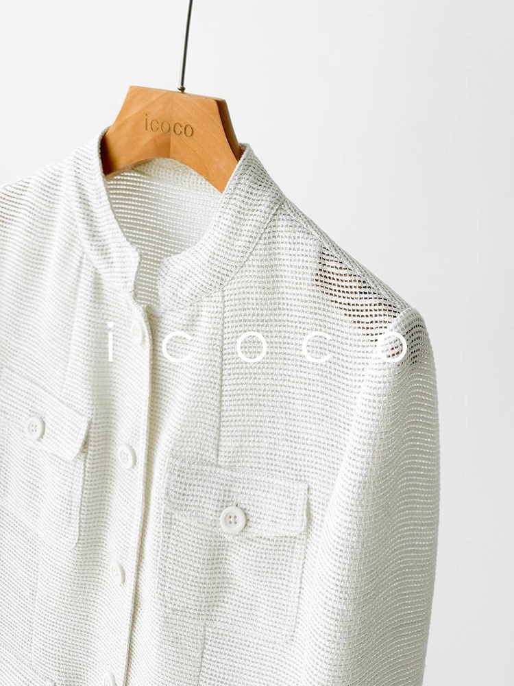 Women's Lightweight Linen Cotton Blazer With Stand Up Collar_voghion.com