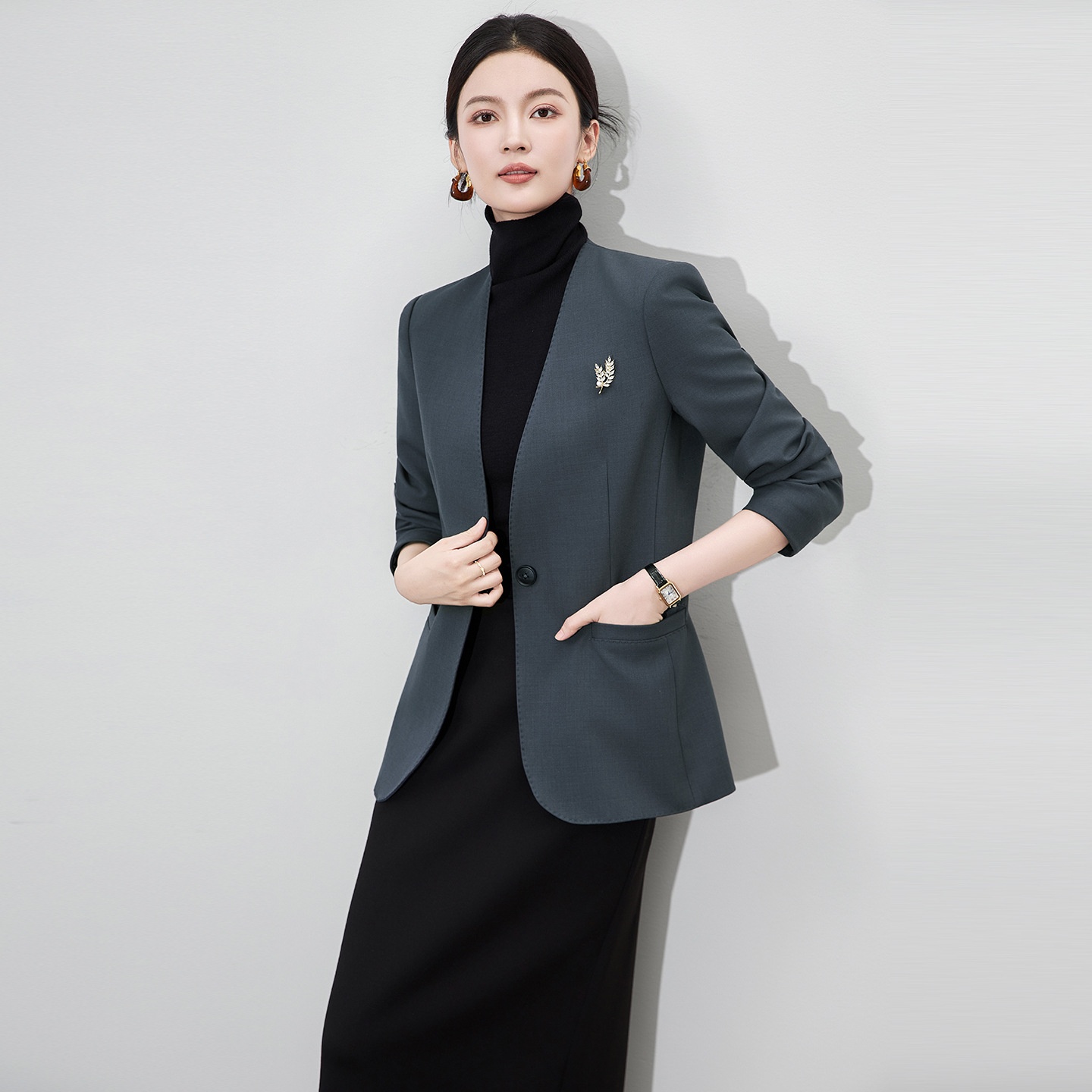 2512705-Nanyou Blazer formale professionale di alta qualità per pendolarismo, senza colletto, finiture con perline pesanti, vita regolabile,_voghion.com