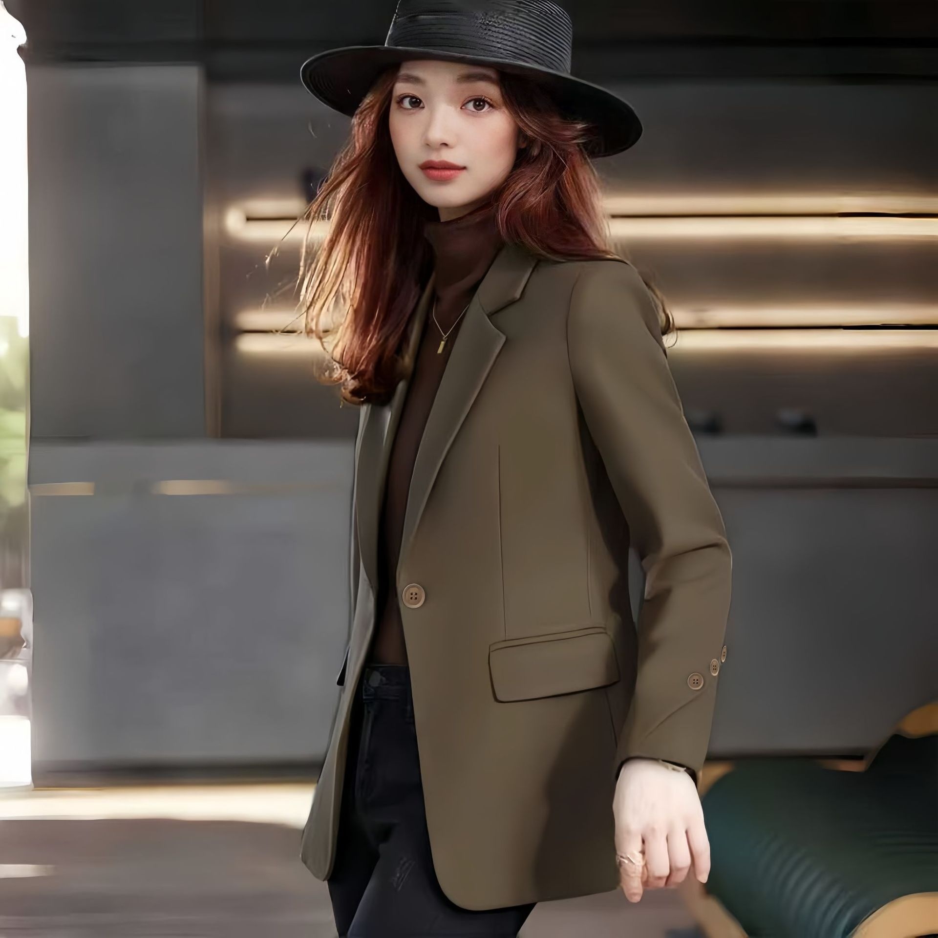 Blazer feminino cor café estilo coreano corte casual_voghion.com