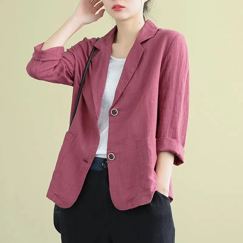 Baumwoll-Leinen-Jacke, kleiner Blazer, Frühjahr/Sommer 2023, neu, locker, künstlerisch, vielseitig, langärmelig, lässig, elegant, Sonne_voghion.com