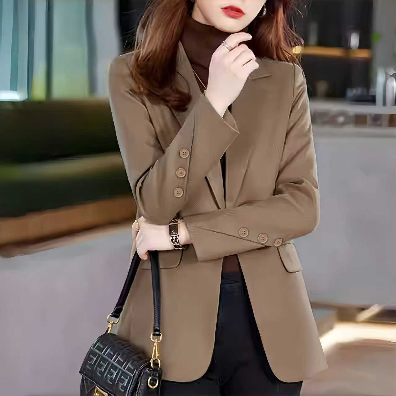 Blazer feminino moderno, casual, estilo coreano, modelagem solta, cor café, para primavera/outono, coleção 2025._voghion.com