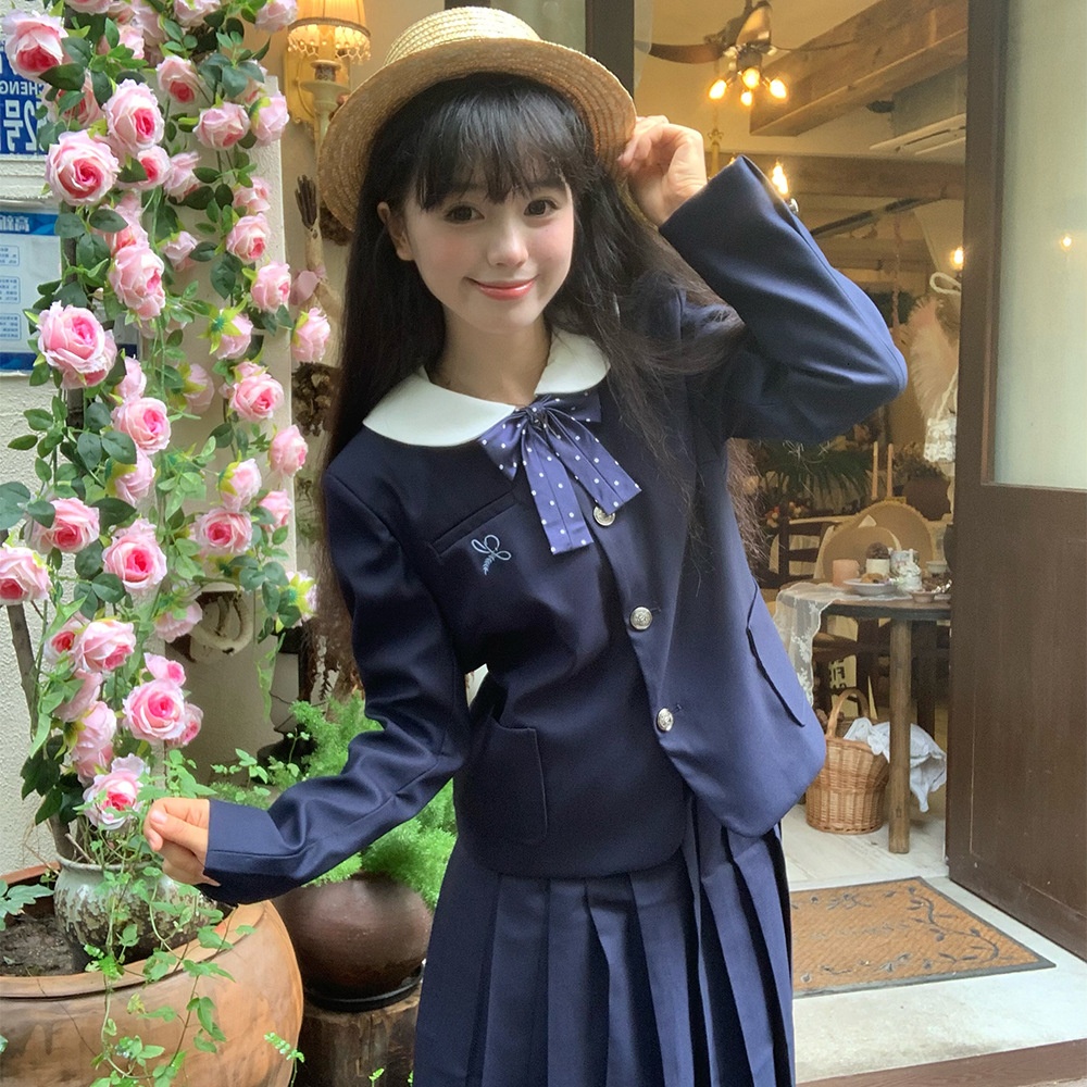 Completo autunnale da studentessa JK Original con scollo rotondo, stile campus giapponese, giacca blu navy_voghion.com