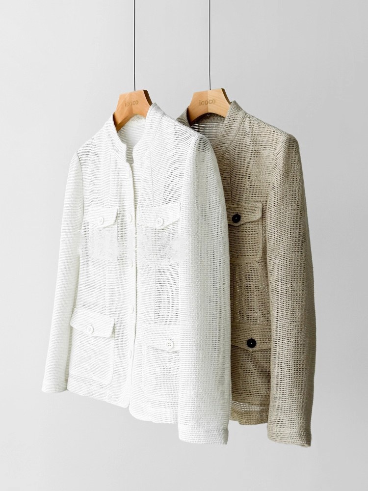 Women's Lightweight Linen Cotton Blazer With Stand Up Collar_voghion.com