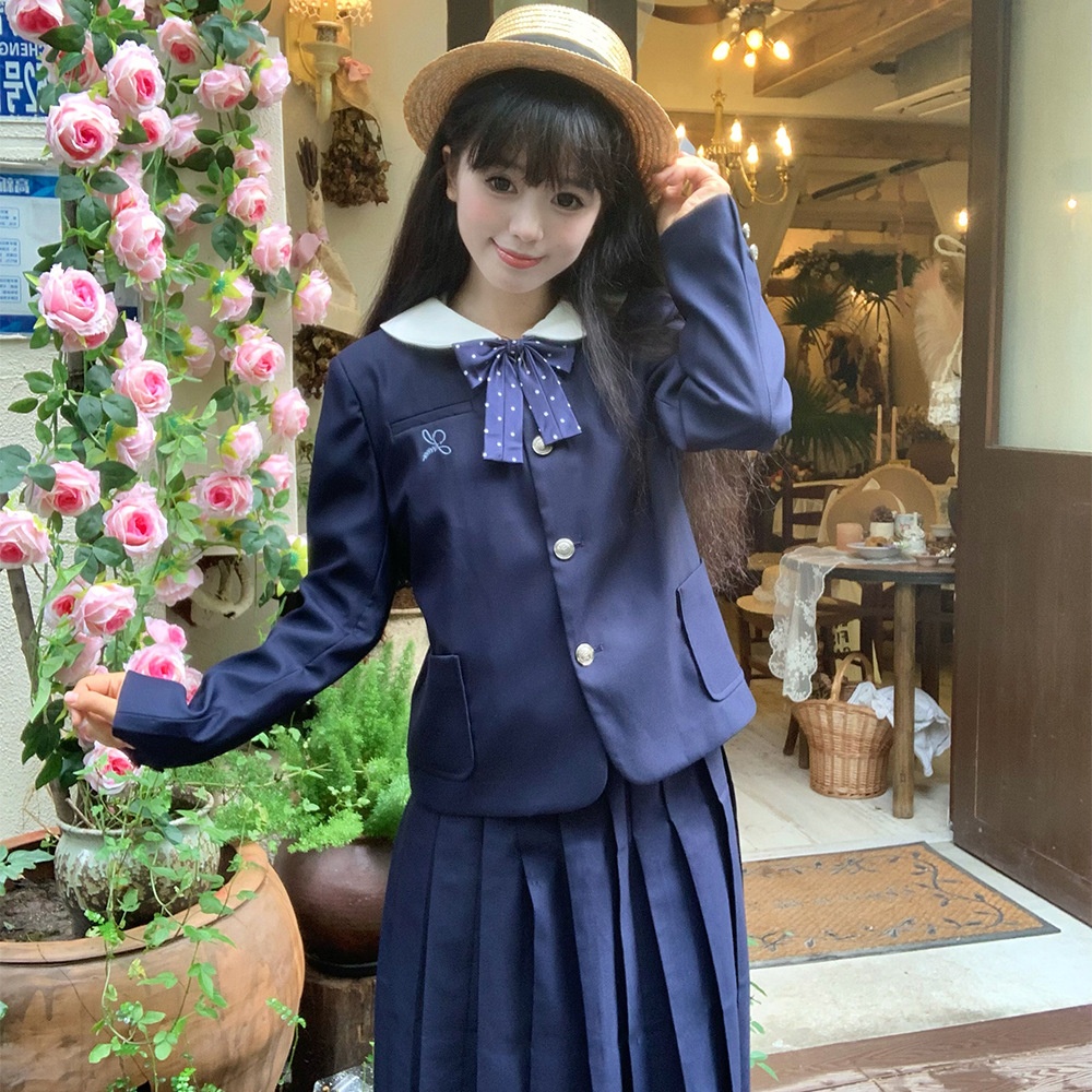 Completo autunnale da studentessa JK Original con scollo rotondo, stile campus giapponese, giacca blu navy_voghion.com