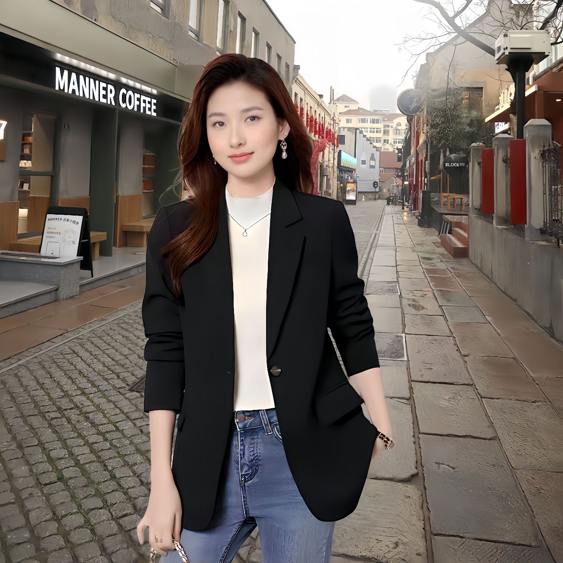 Blazer feminino cor café estilo coreano corte casual_voghion.com