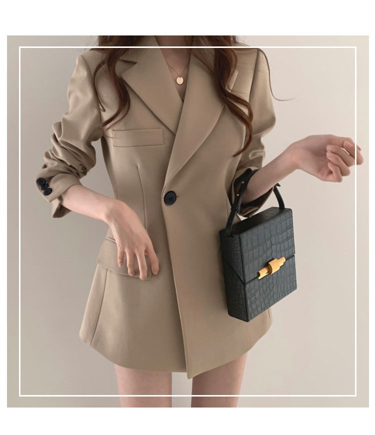 Dam retro khaki blazer lätt jacka med lös passform för hösten_voghion.com