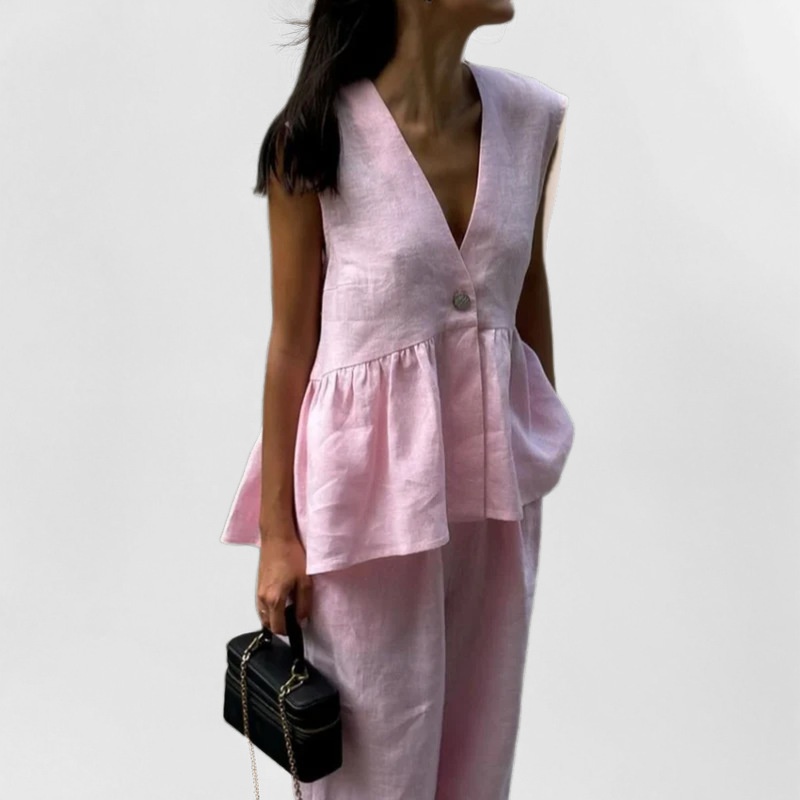 Conjunto elegante de top sin mangas con cuello en V y pantalón, ideal para viajes al trabajo, de color liso, nuevo modelo 2026._voghion.com