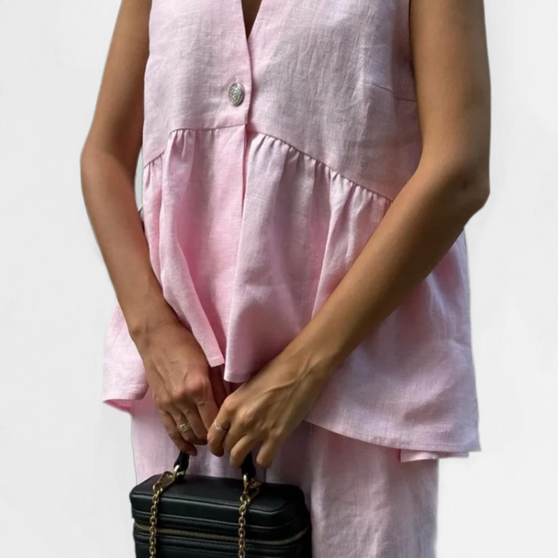 Conjunto elegante de top sin mangas con cuello en V y pantalón, ideal para viajes al trabajo, de color liso, nuevo modelo 2026._voghion.com
