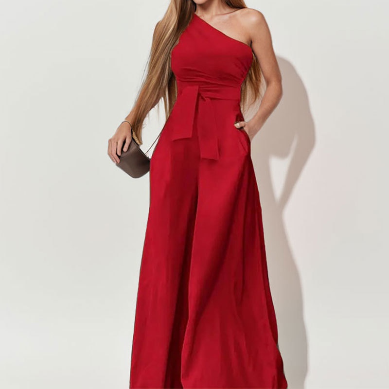 Women's Jumpsuit Solid Colour Waist Cinching Asymmetric Neckline_voghion.com