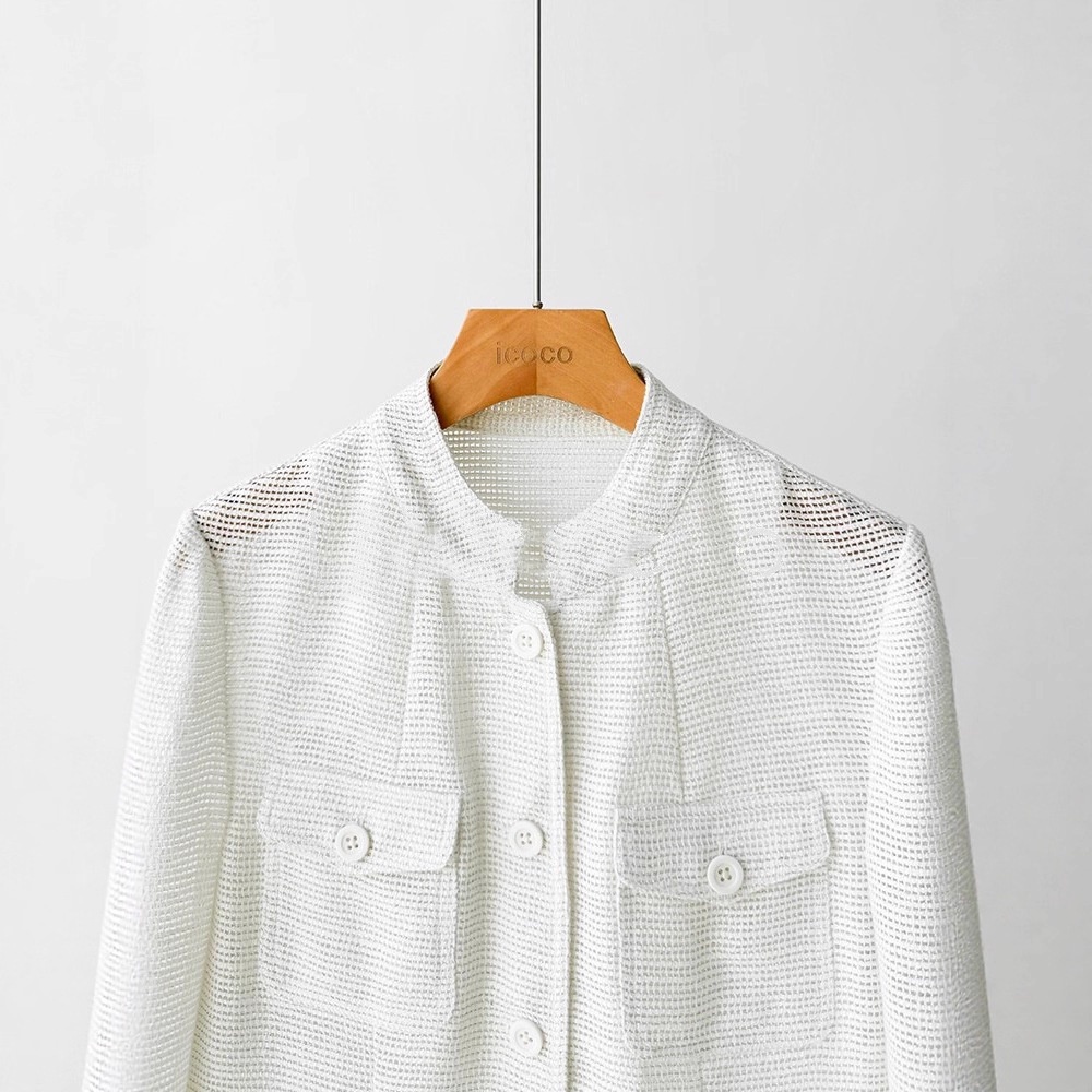 In-stock Linen + Cotton Material! Shimmering Silk Stand-up Collar Pocketed Knitted Waist-cinching Blazer, Fall 2025_voghion.com