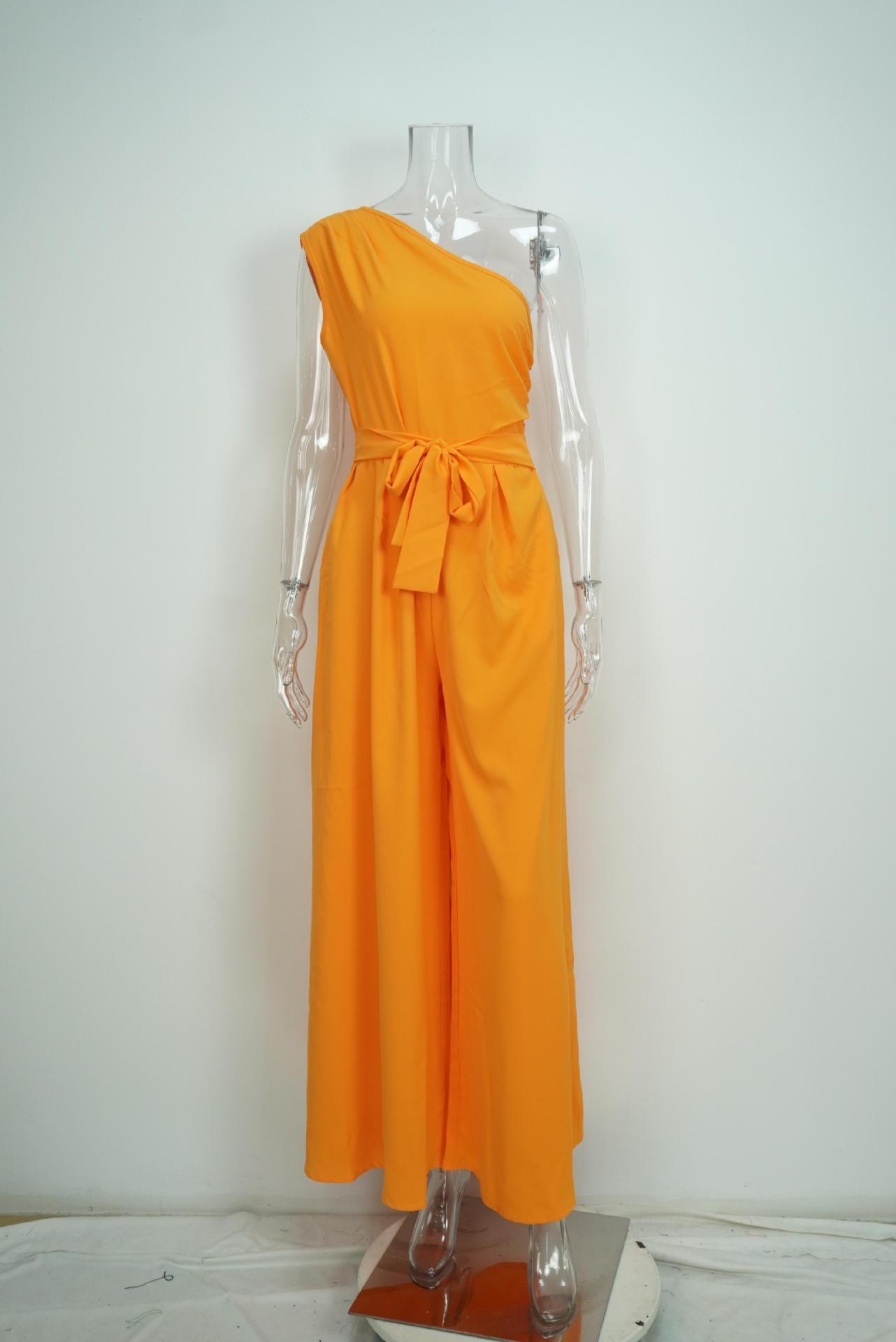 Women's Jumpsuit Solid Colour Waist Cinching Asymmetric Neckline_voghion.com