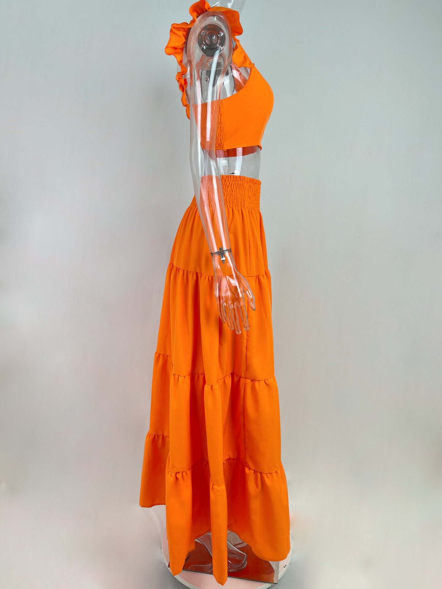 Women's Two-piece Set Solid Colour Ruffle Strap Flared Dress Set_voghion.com