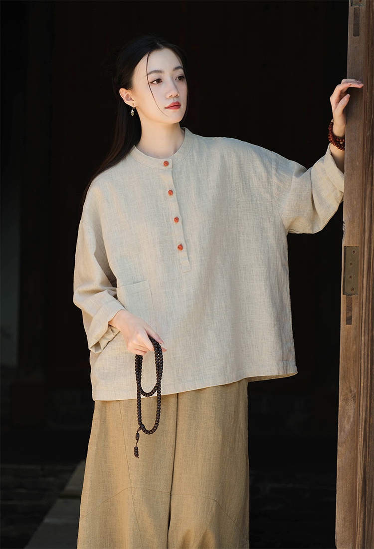 Women's Linen Blend Stand Collar Button Up Pullover Blouse Top_voghion.com