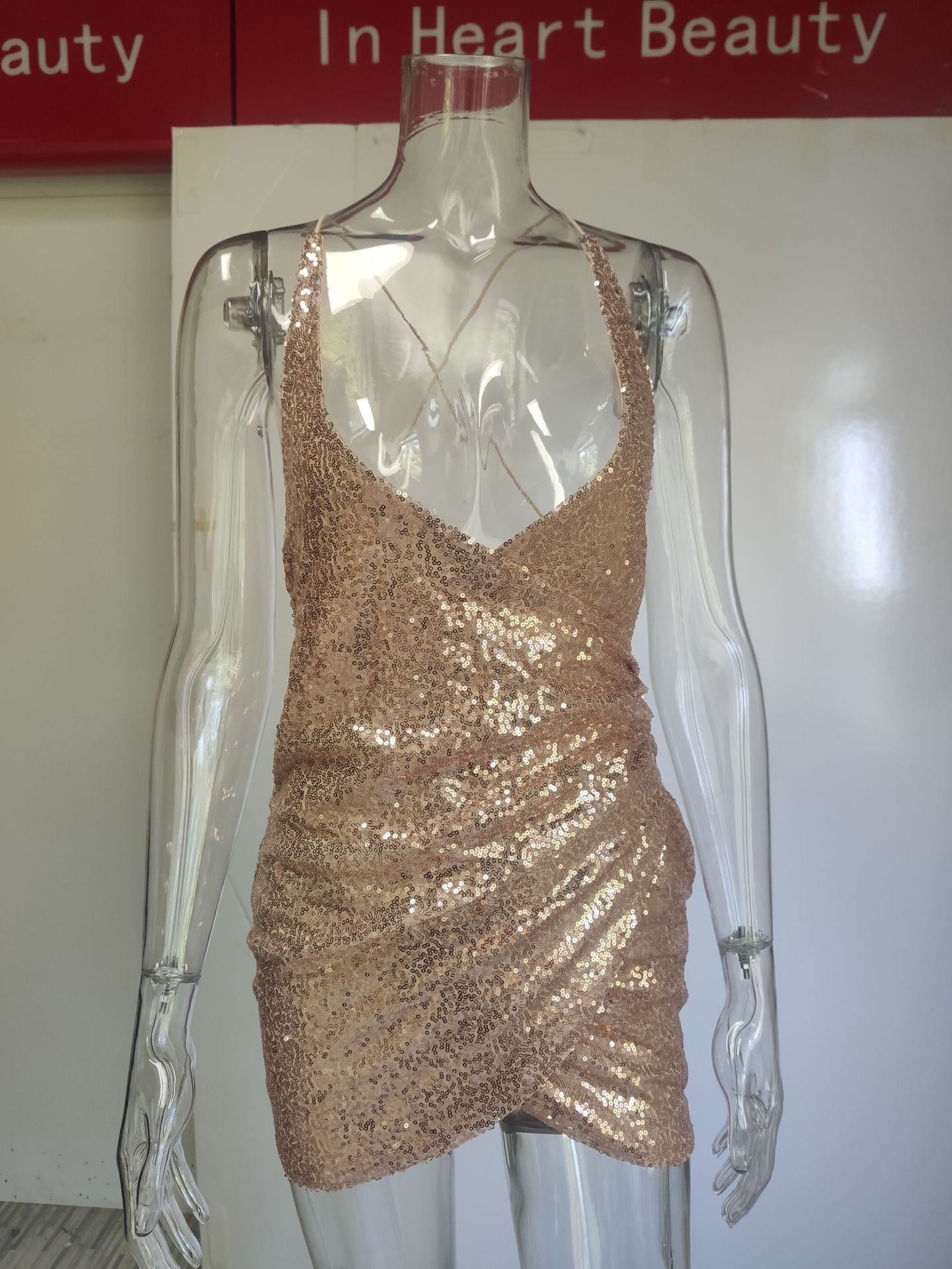 Women's V-neck Sequin Strap Plus Size Dress Elegant Evening Gown_voghion.com