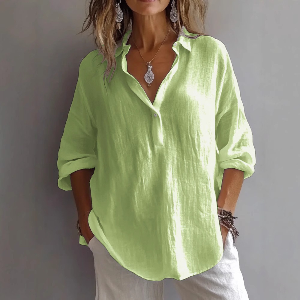 2025 European And American Cross-Border Spring Summer New Solid Color Casual Loose Plus Size V-Neck Long Sleeve_voghion.com