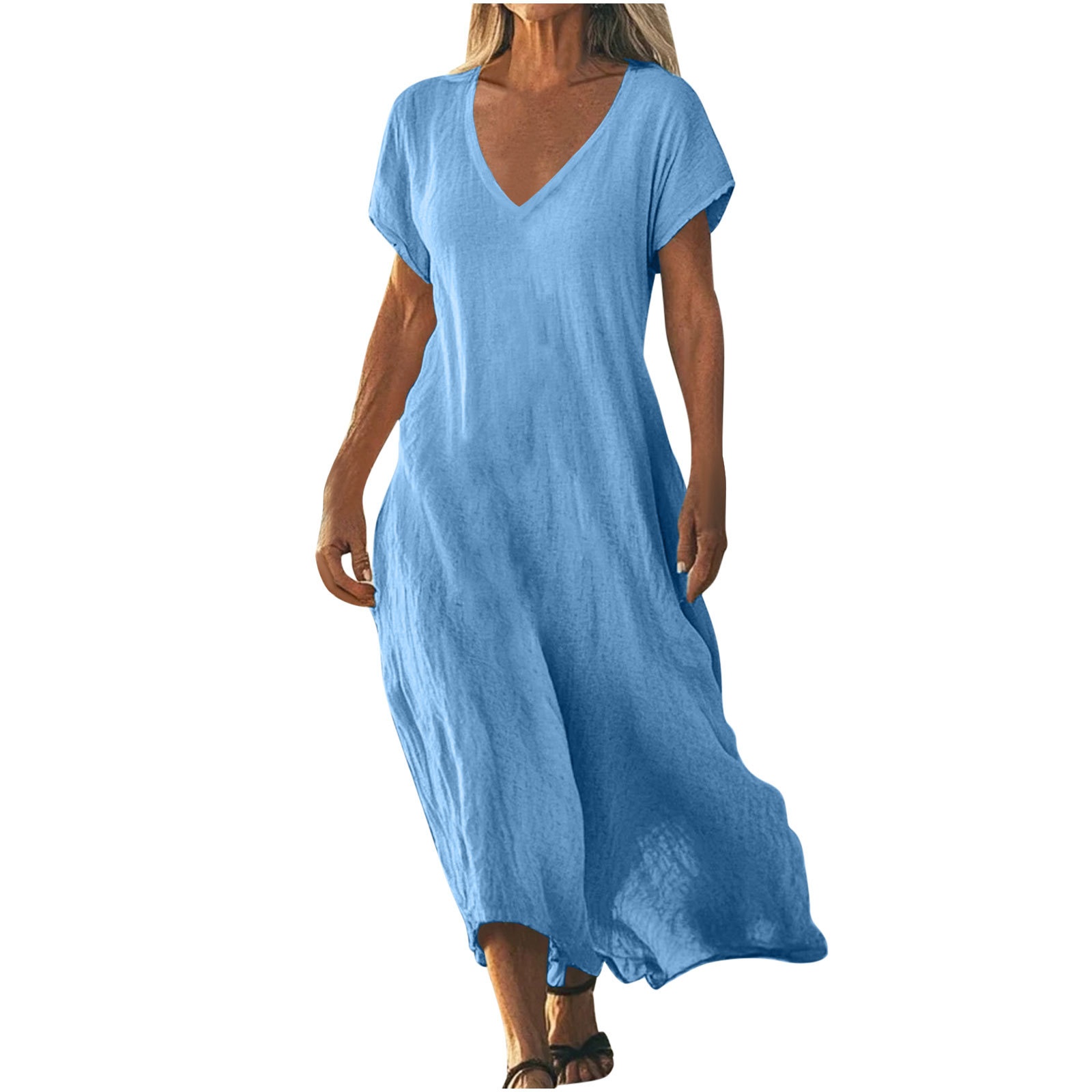 Frühjahr/Sommer 2025 Cross-Border Exklusives Baumwoll-Leinen-Kleid mit V-Ausschnitt, kurzen Ärmeln und lockerem Schnitt – ein lässiges Damen-Urlaubskleid im Cross-Border-Stil_voghion.com