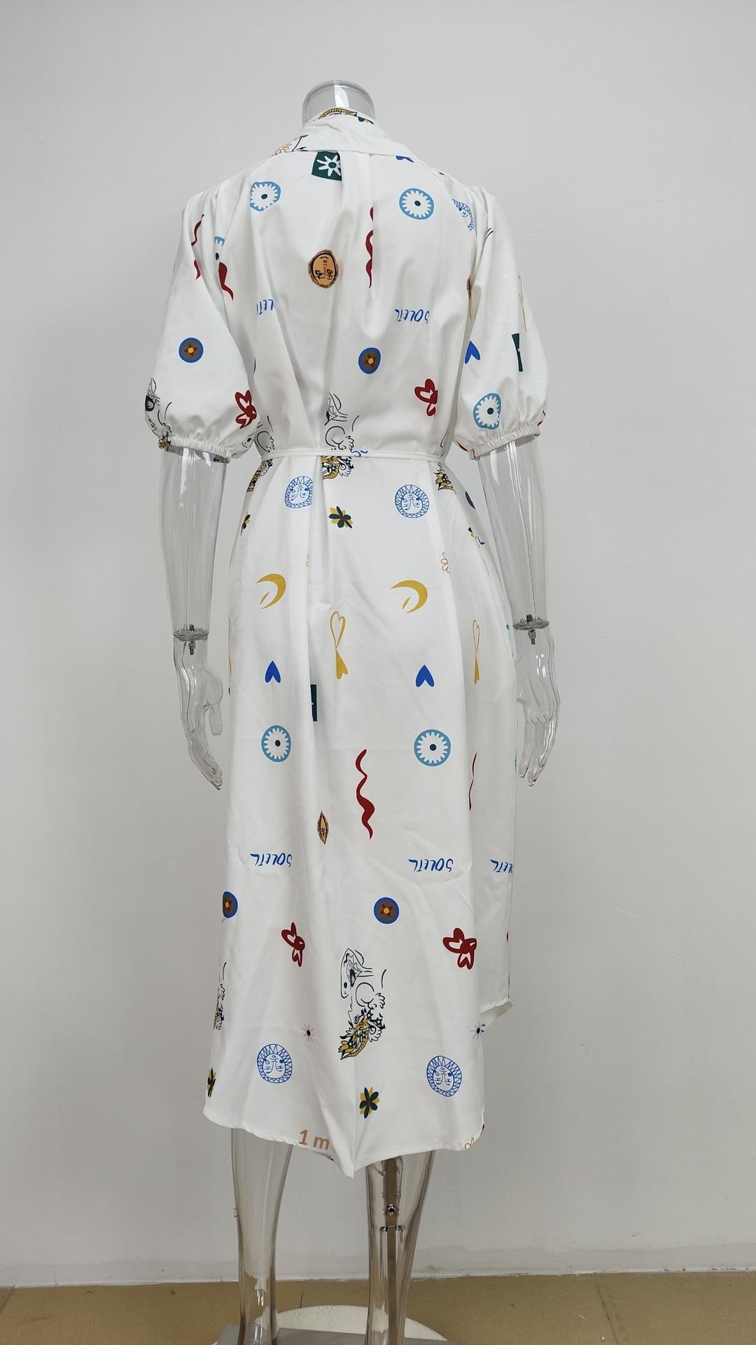 Women's Loose Printed Dress With Turn-down Collar And Bubble Sleeves_voghion.com