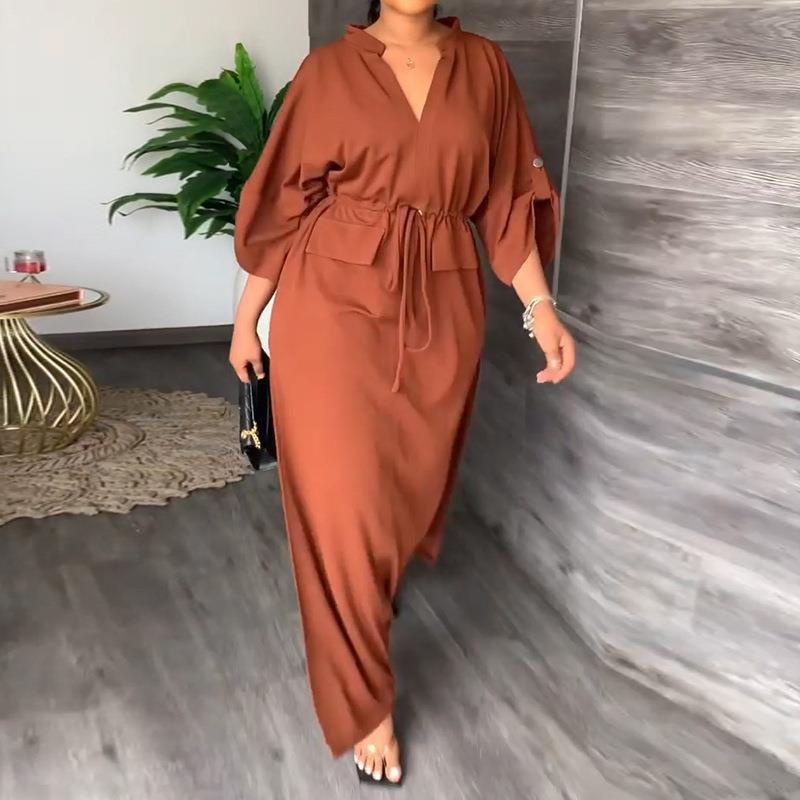 Women's Casual Long Stand Collar Slit Dress For Plus Size Women_voghion.com