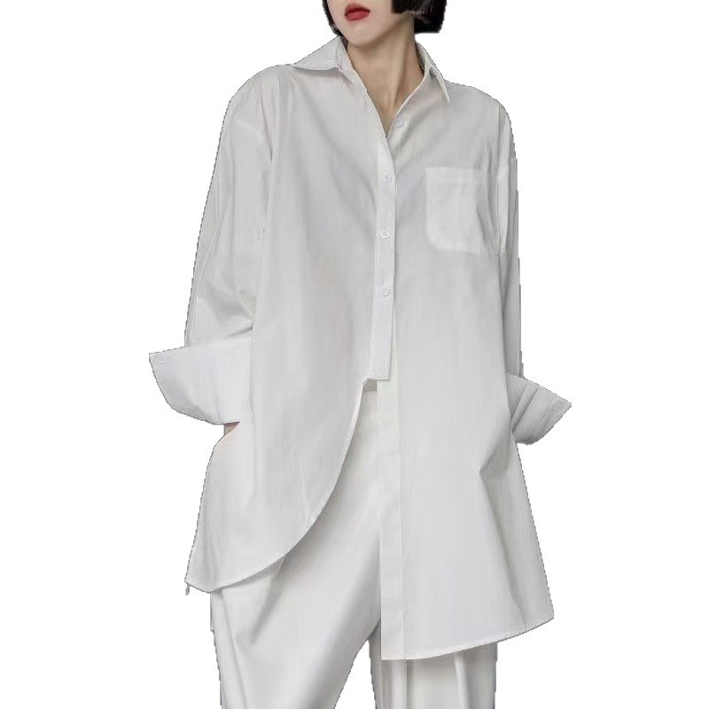New Spring/Summer Women's Dark Style Irregular Button-Up Shirt, Mid-Length BF Slit Blouse, Heavy-Duty Barber Uniform_voghion.com