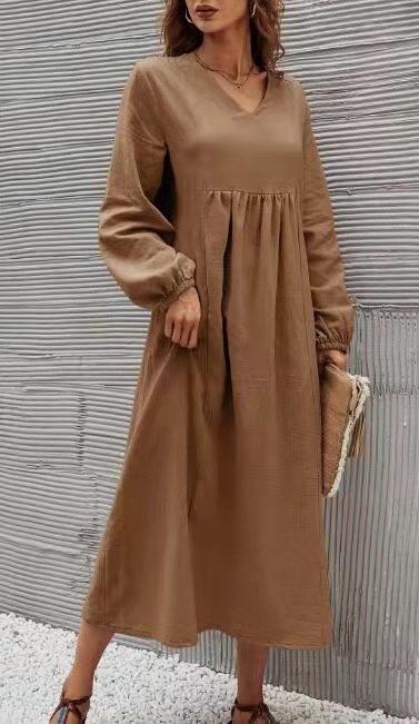 Damen Baumwoll Leinen Kleid Mit Laternärmeln Für Den Frühling_voghion.com