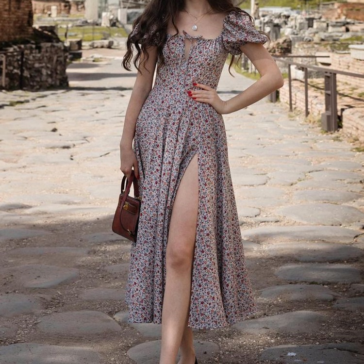 Lente 2026 Nieuwe grensoverschrijdende Europese en Amerikaanse damesmode Elegante Sexy Jurk met Vierkante Hals, Strik en Bloemenprint en Split_voghion.com