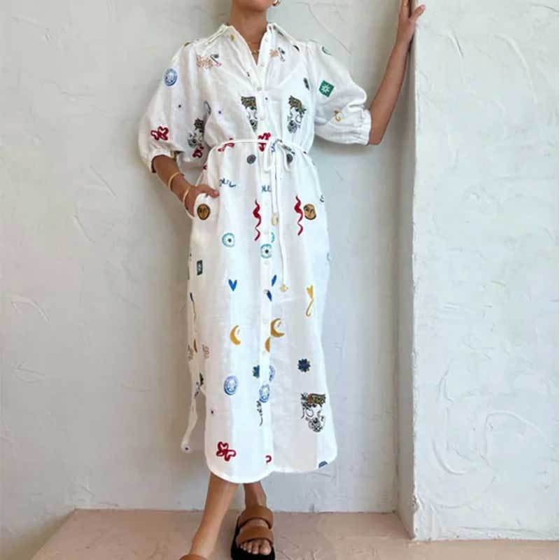 Women's Loose Printed Dress With Turn-down Collar And Bubble Sleeves_voghion.com