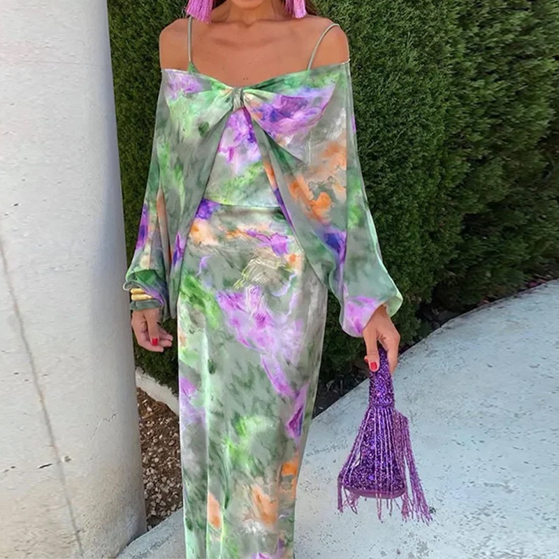 Conjunto vestido maxi mulher elegante ombros descobertos tie-dye_voghion.com