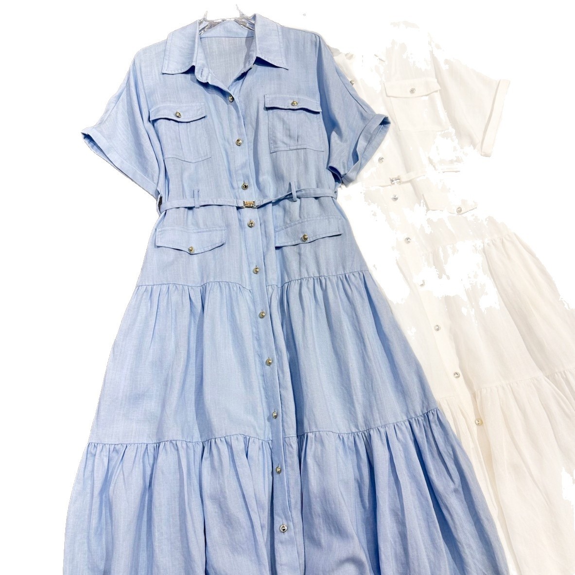 Original Design Clothing, Nanyou Summer New Style, French-style Linen Women's Dress With Belt, Shirt-style Dress_voghion.com