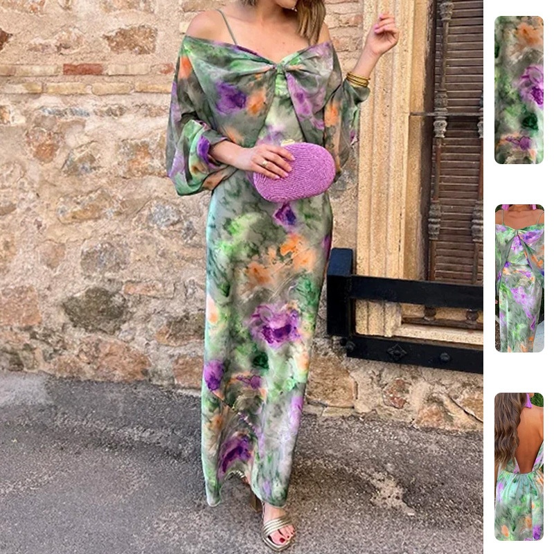 Conjunto de xale feminino elegante e sexy com alças estampadas tie-dye e ombros à mostra, modelo Spring New Europea Ad America 2026._voghion.com