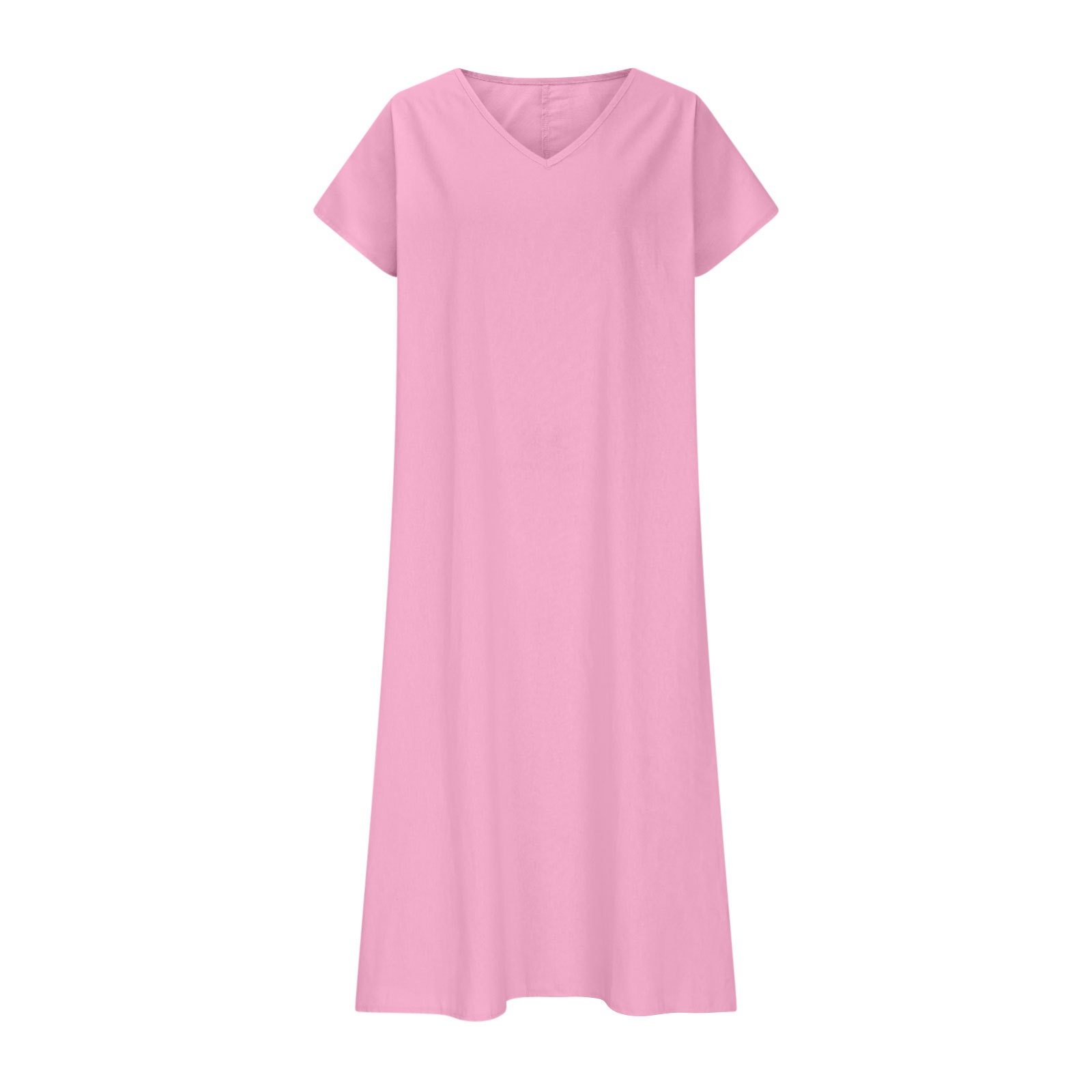 Damen Kleid Aus Baumwoll-leinen Mit V-ausschnitt Und Kurzen Ärmeln_voghion.com