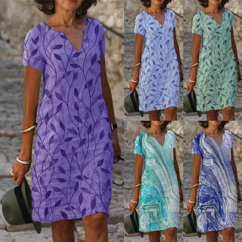 2022 New European American Cross-Border Women's Cotton And Linen Digital Print V-Neck Loose Dress_voghion.com