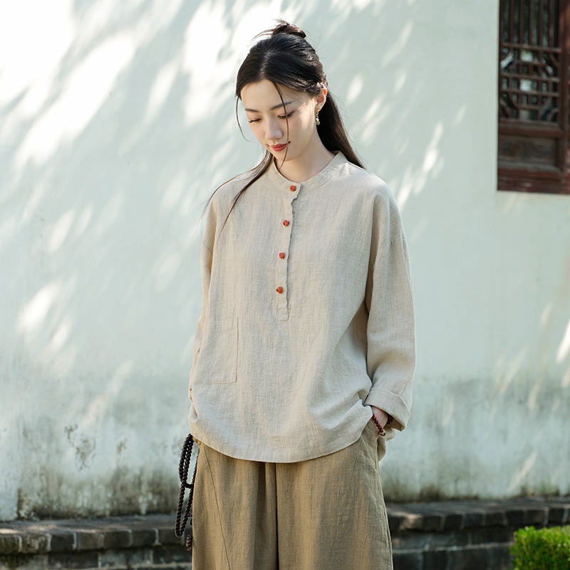 2026 Spring/Summer New Clothing: Linen Stand Collar Color-Block Button-Up Pullover Plus Size Top, Women's Cotton-Linen_voghion.com