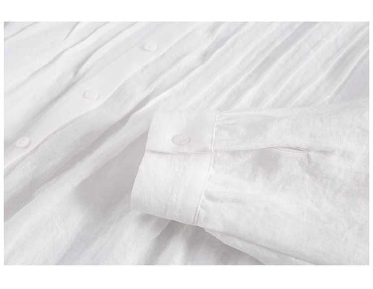 Women's Linen Shirt Dress Pleated Casual Summer Style White_voghion.com