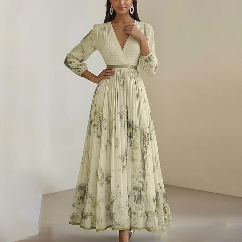 2026 Spring New Women's Clothing European And American Cross-Border Dress V-Neck Printed Pleated Long Skirt_voghion.com