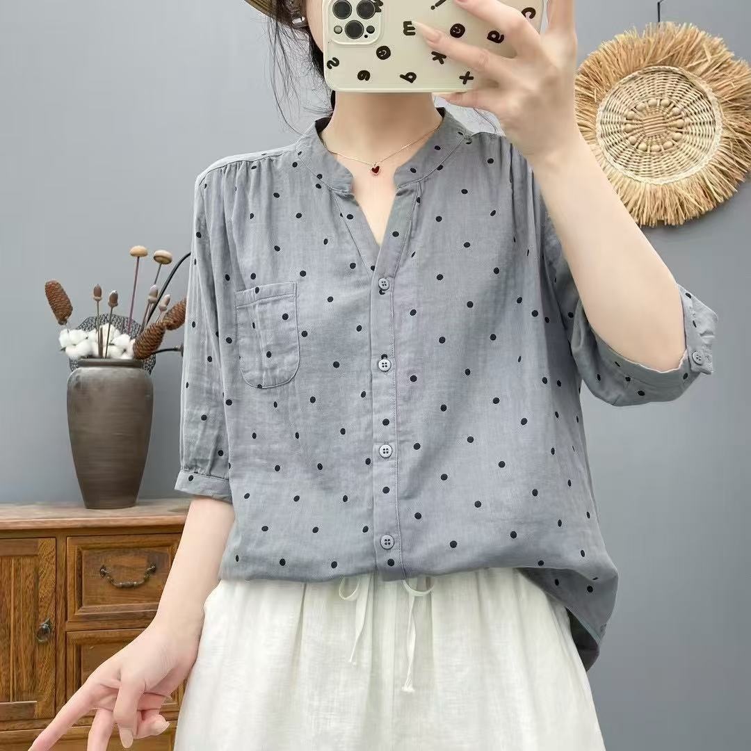 2025 Summer New Style Simple V-neck Polka Dot Print Double-layer Gauze Slimming Women's Blouse 66121_voghion.com