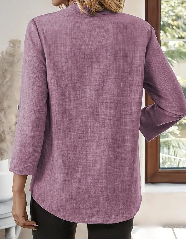 Women's Casual Loose V-neck Blouse Solid Color Plus Size Top_voghion.com