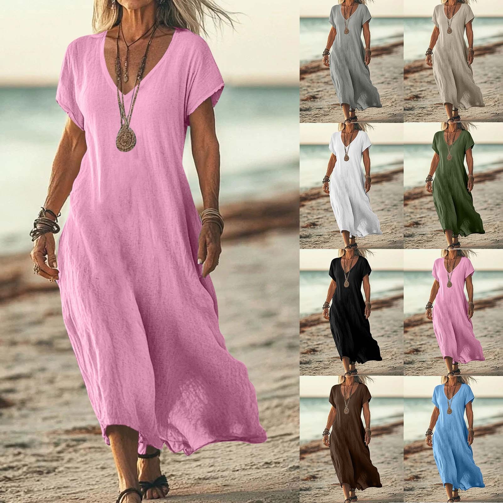 Damen Kleid Aus Baumwoll-leinen Mit V-ausschnitt Und Kurzen Ärmeln_voghion.com