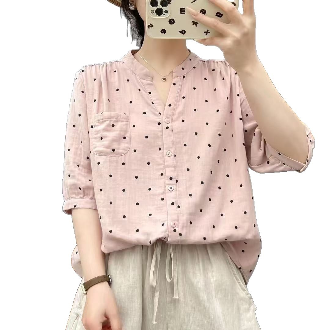 2025 Summer New Style Simple V-neck Polka Dot Print Double-layer Gauze Slimming Women's Blouse 66121_voghion.com