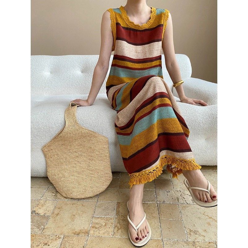 Sinan Lazy Vacation Style Tencel Linen Fringe Edge Round Neck Colorful Striped Tank Dress SN7698_voghion.com