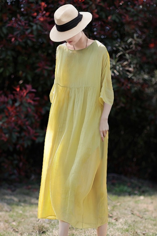 Mangogelbes Ramie-Strandkleid für Damen, Sommer 2025, neue Baumwoll-Leinen-Kollektion, weißer Rock_voghion.com