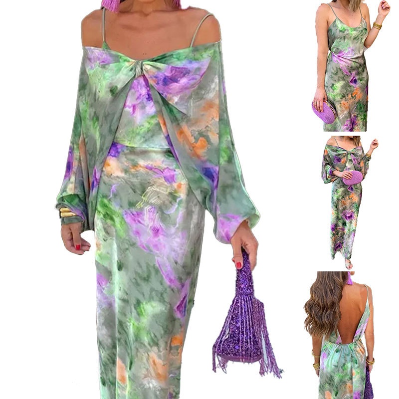 Conjunto de xale feminino elegante e sexy com alças estampadas tie-dye e ombros à mostra, modelo Spring New Europea Ad America 2026._voghion.com