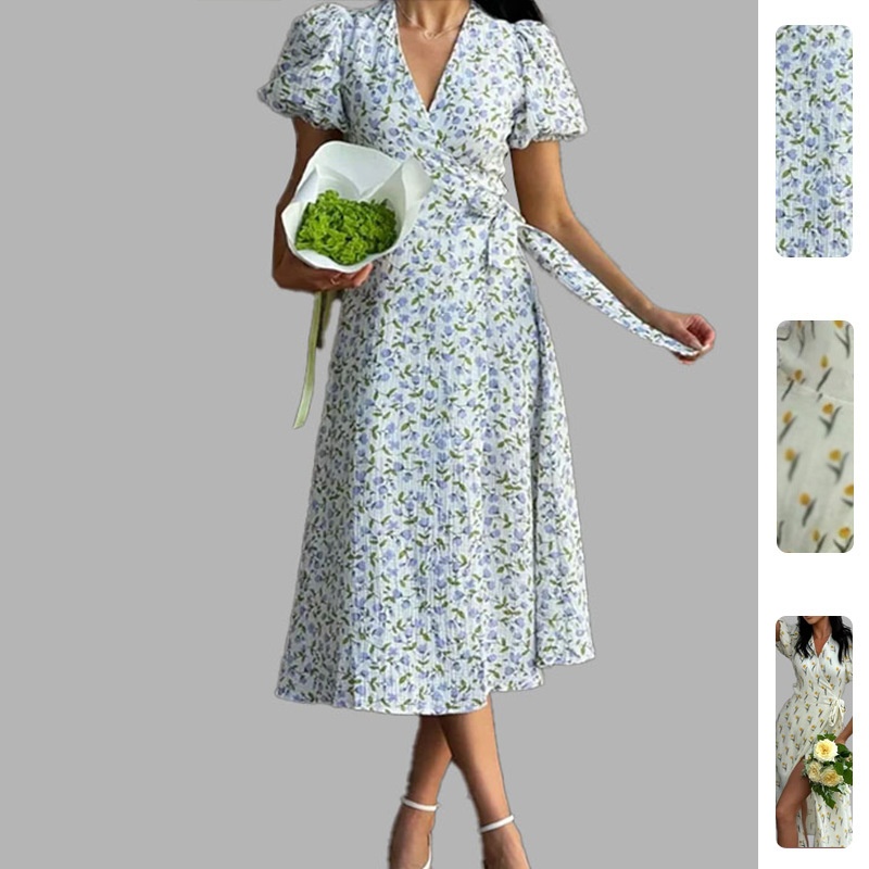 2026 Spring New V-neck With Floral Print, Puff Sleeves, Waist-Cinching, Slimming, Elegant And Fitted Dress_voghion.com