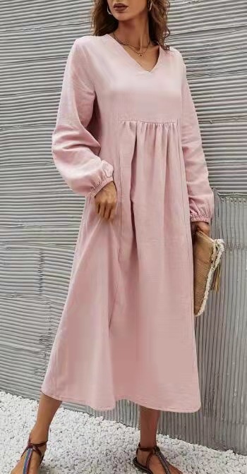 Damen Baumwoll Leinen Kleid Mit Laternärmeln Für Den Frühling_voghion.com