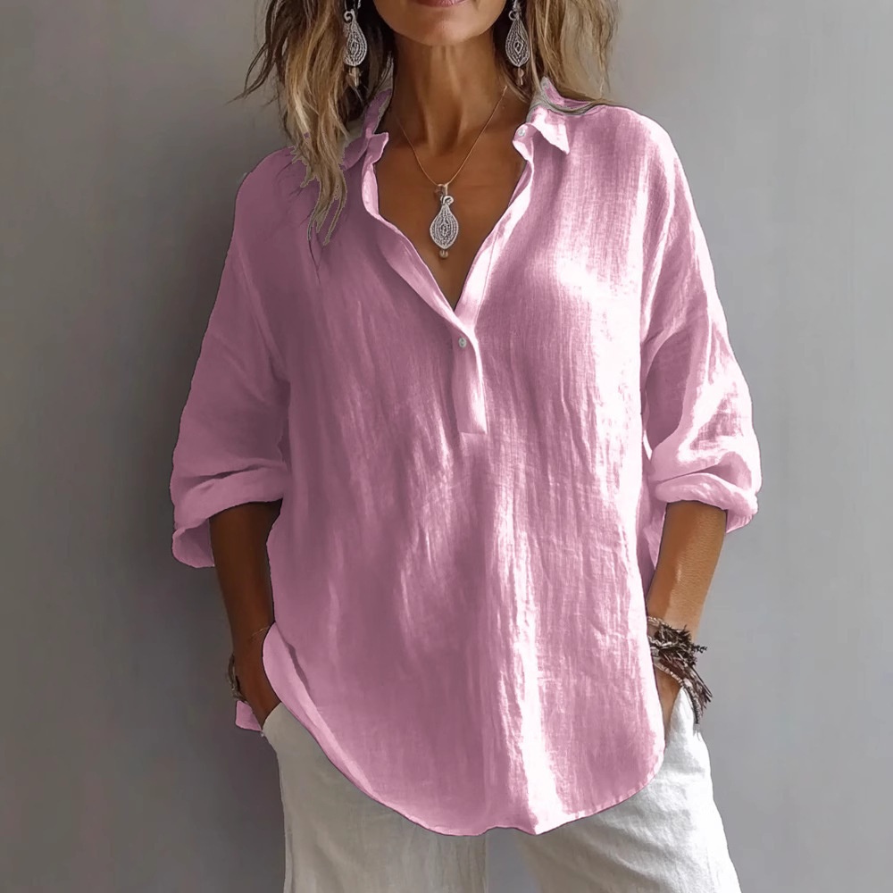 Loose V-neck Blouse For Women Solid Colour Long Sleeve Top_voghion.com